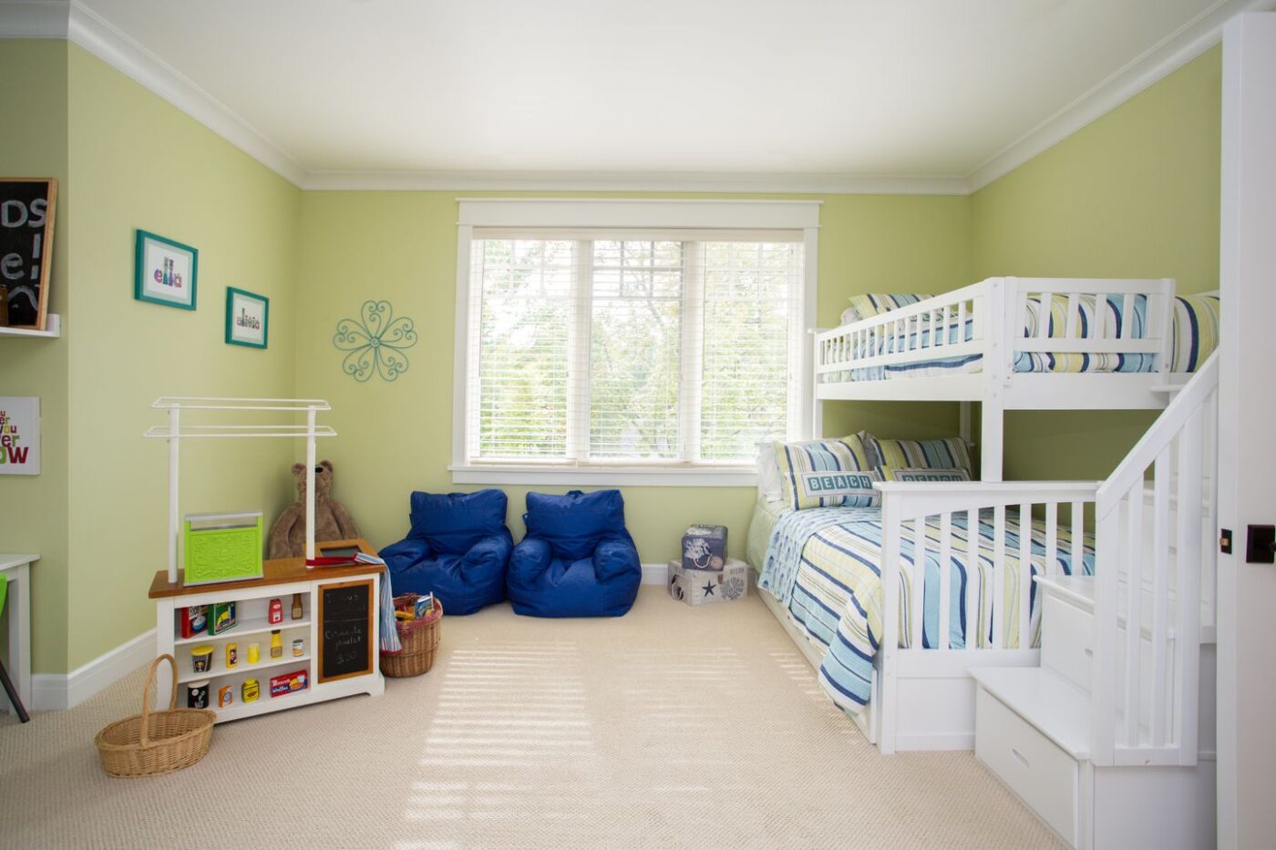 Kids room with bunk beds and bean bags